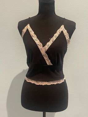 Papaya Black Cami with Nude Lace Trim